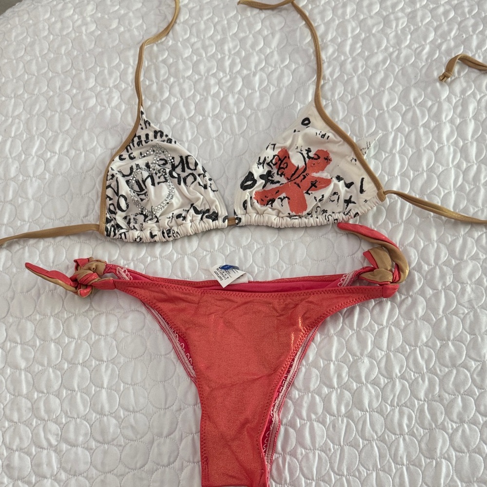 Women salmon pink and White Bikini Set fits like a medium